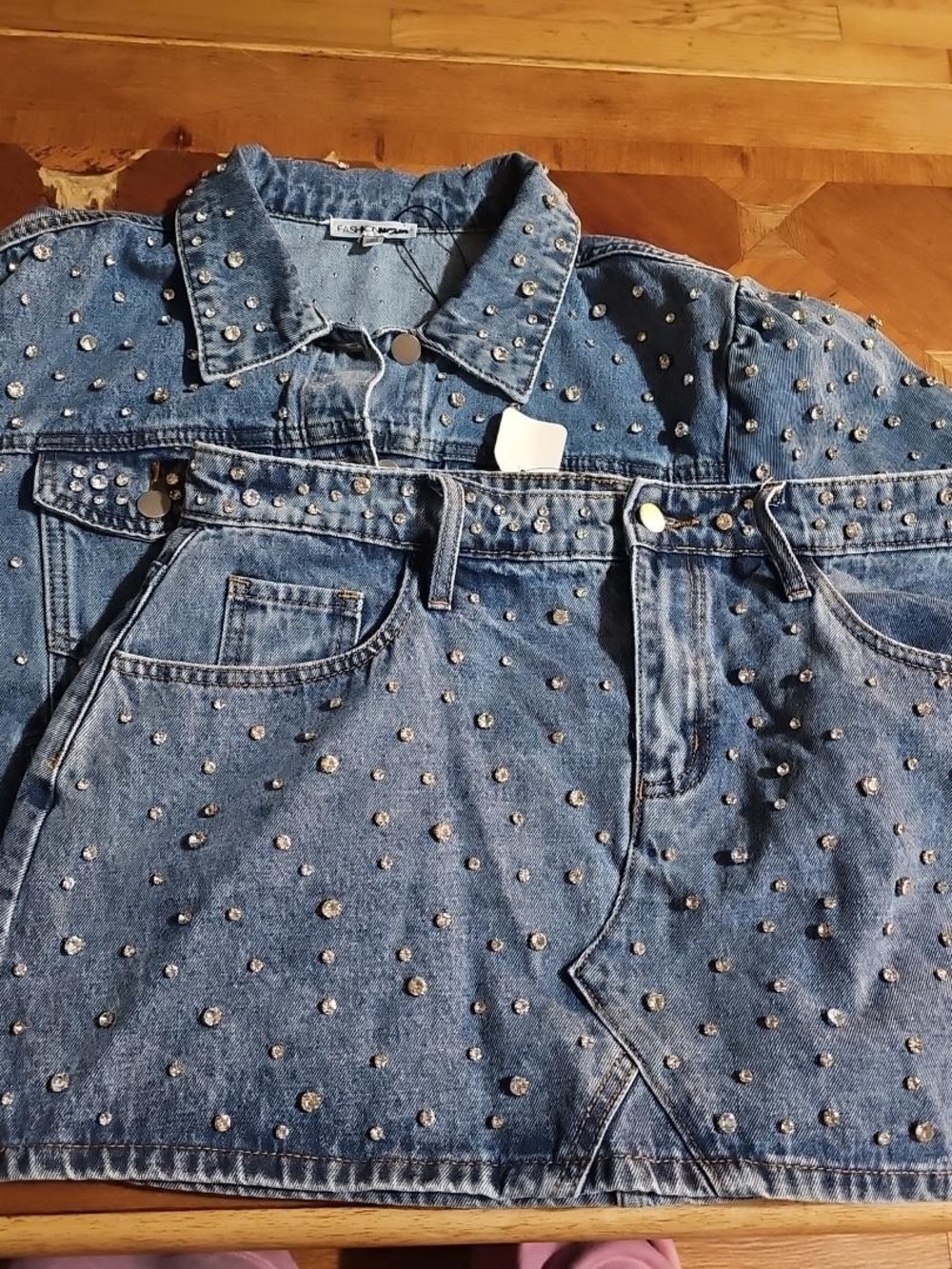 RHINESTONE DENIM JACKET & SKIRT 2 PIECE SET- Fashion Nova SIZE XL